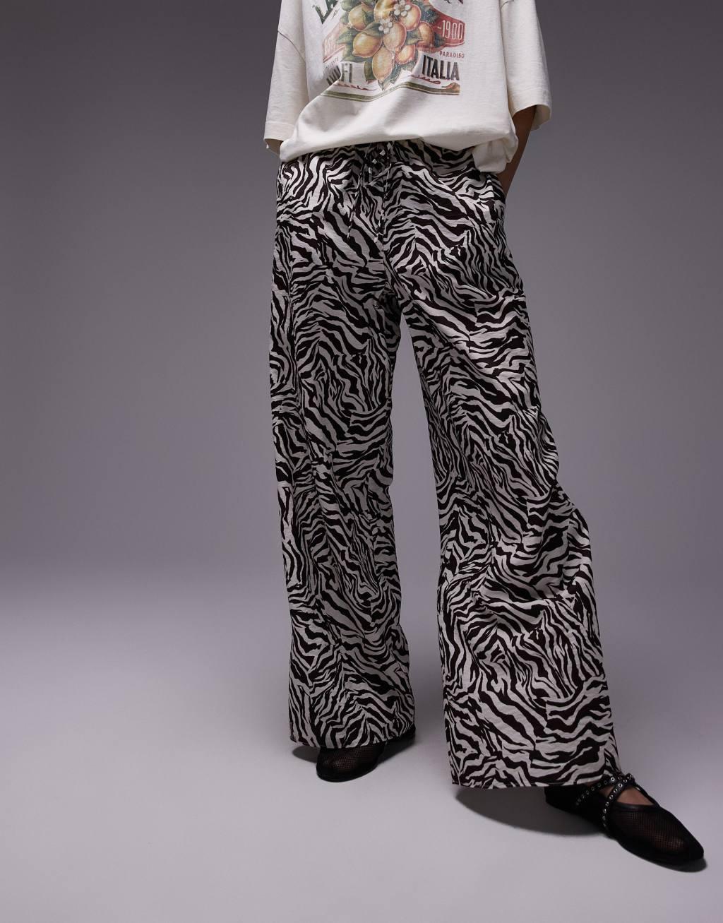 Topshop zebra print pull-on tie waist pants in multi Product Image