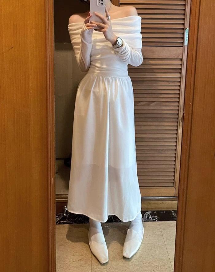 Long Sleeve Off Shoulder Plain Gathered Maxi A-Line Dress Product Image