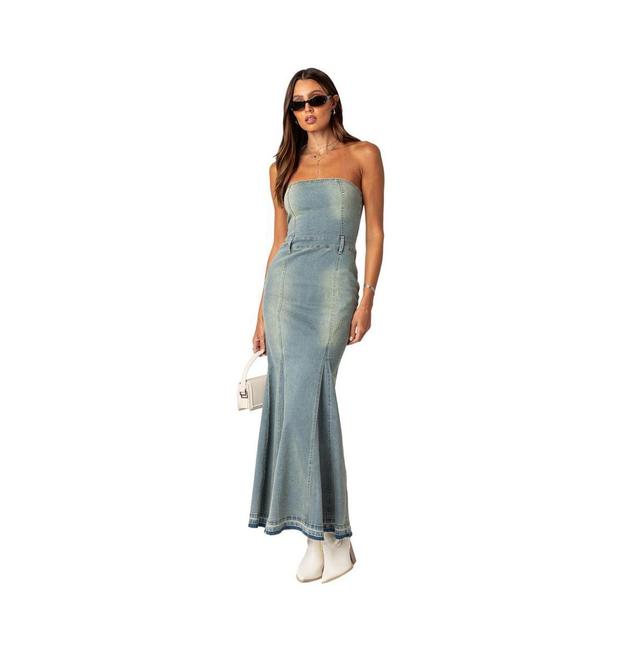 EDIKTED Astoria Strapless Release Hem Denim Maxi Dress Product Image