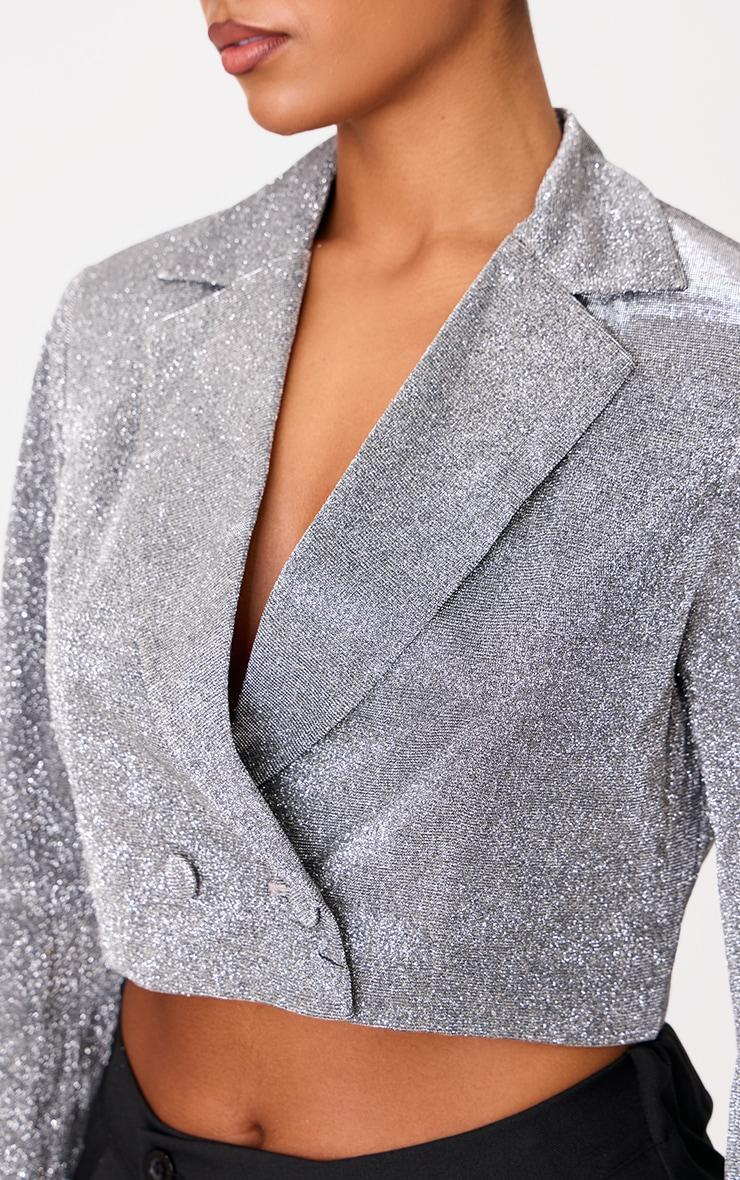 Silver Cropped Glitter Double Breasted Blazer Product Image