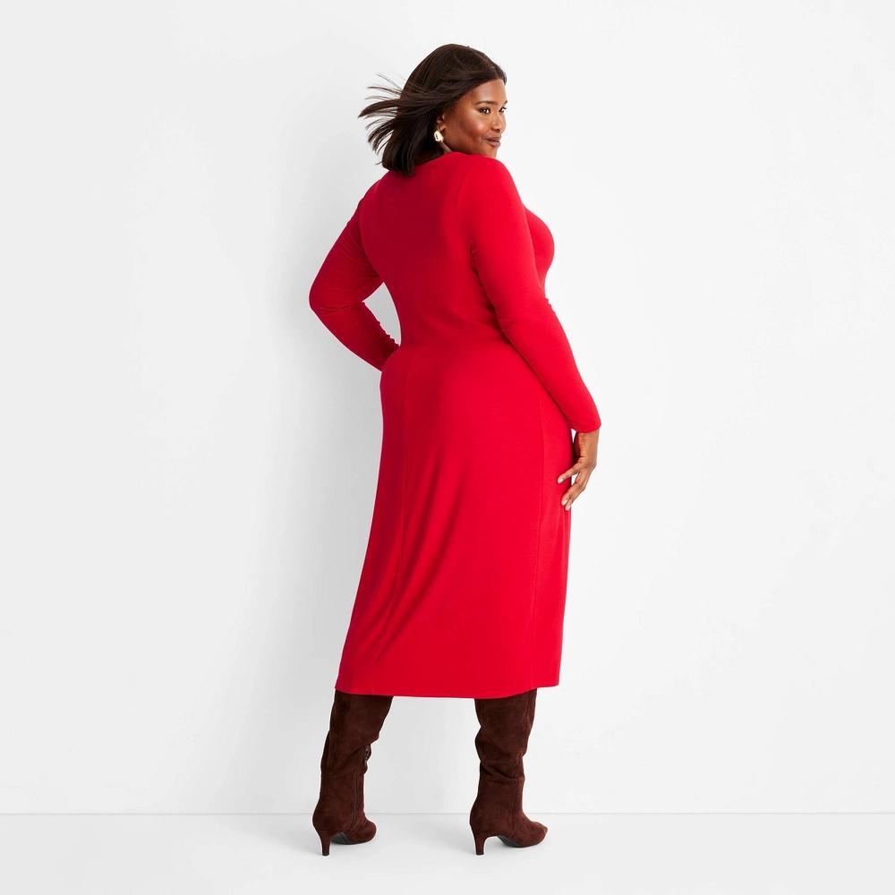 Women's Long Sleeve Ribbed Midi Bodycon Dress - A New Day™ Red 4X Product Image