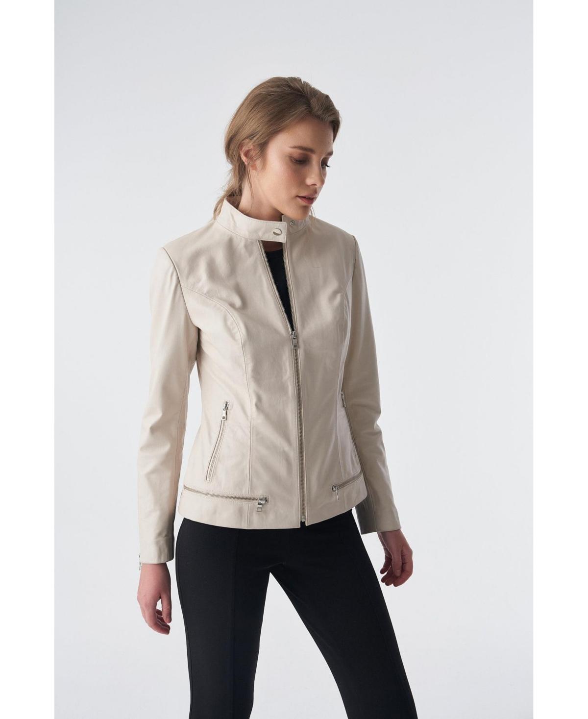 Furniq Uk Womens Zipper Hem Detail Leather Jacket Beige Product Image