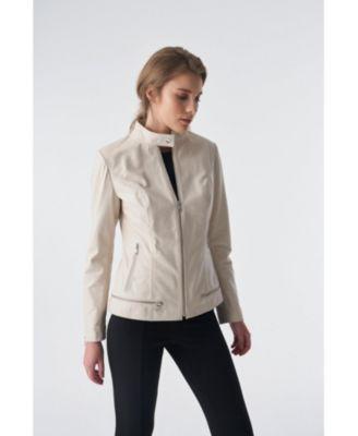 Furniq Uk Womens Zipper Hem Detail Leather Jacket Beige Product Image