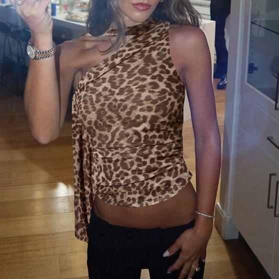 One-Shoulder Leopard Print Ruched Slim Fit Crop Tank Top Product Image