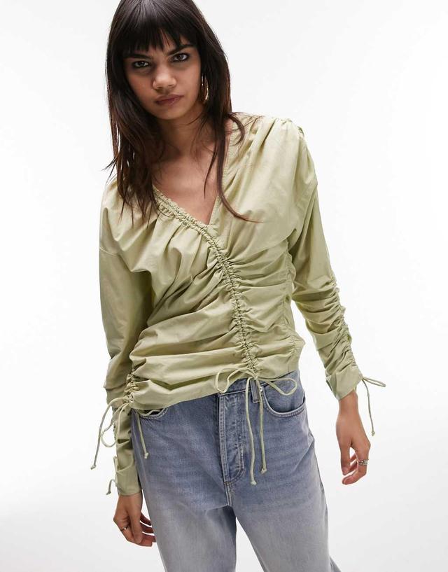 Topshop multi channel ruched poplin top in sage green  Product Image