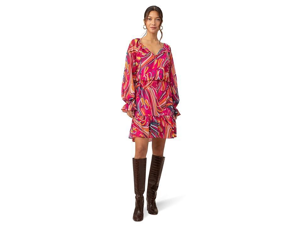 Trina Turk Viti Woven Broadway Blossom Floral Print Drawstring Tie V-Neck Long Sleeve Tiered Blouson Dress Product Image