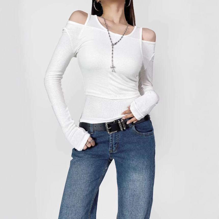 Long Sleeve Cold Shoulder Plain Crop T-Shirt Product Image