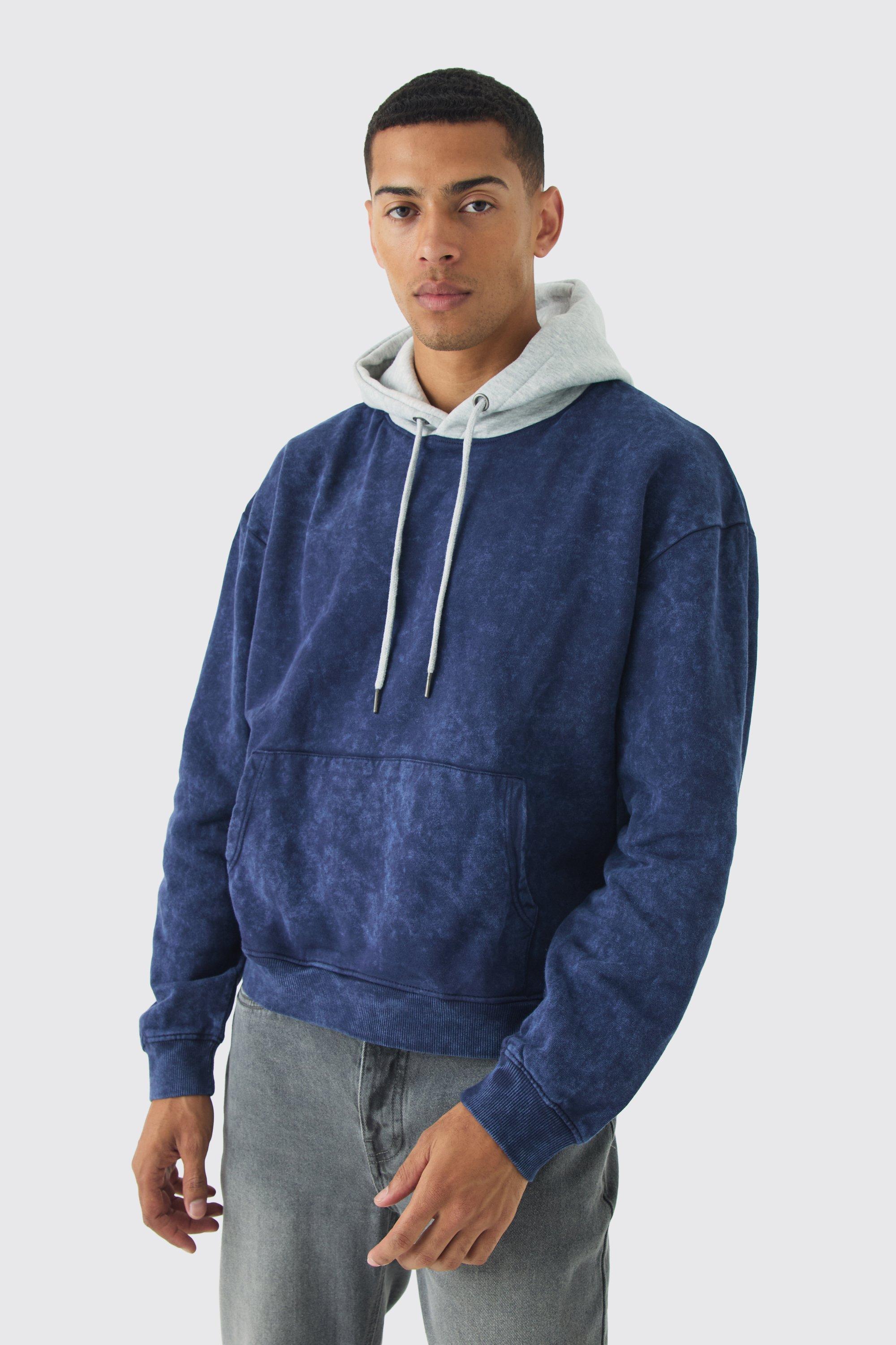 Oversized Boxy Acid Wash Hoodie With Contrast Hood | boohooMAN USA Product Image