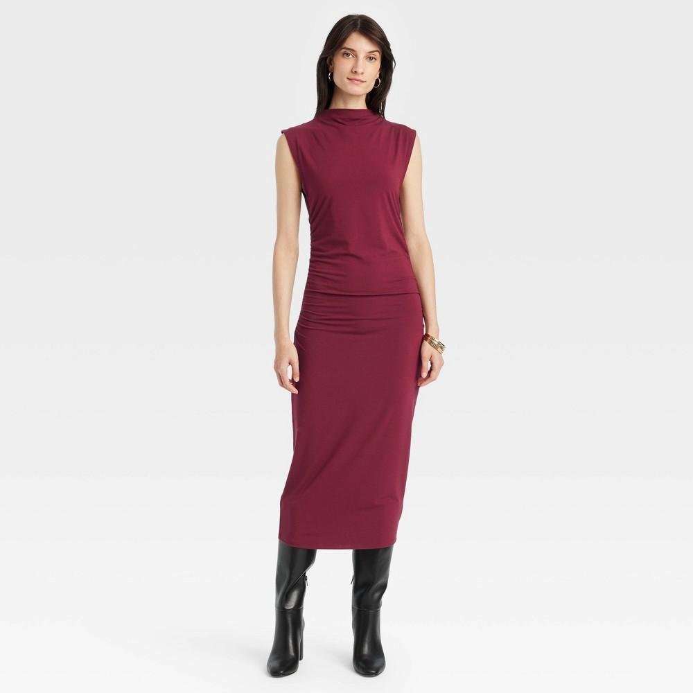 Womens Ruched Knit Midi Dress - A New Day Burgundy M Product Image