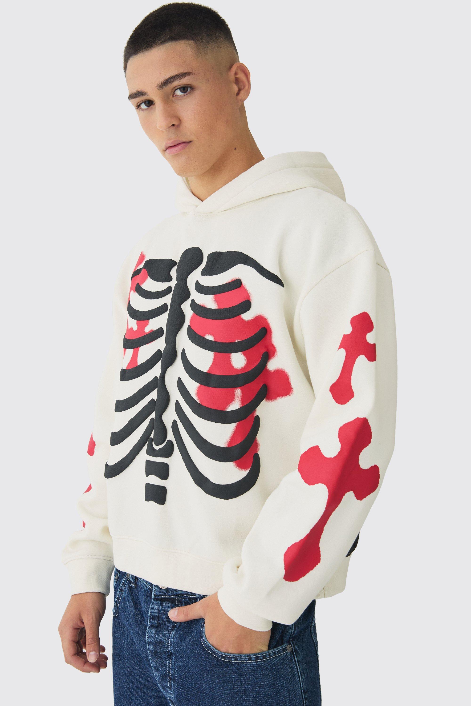 Oversized Boxy Skeleton Puff Print Cross Hoodie | boohooMAN USA Product Image