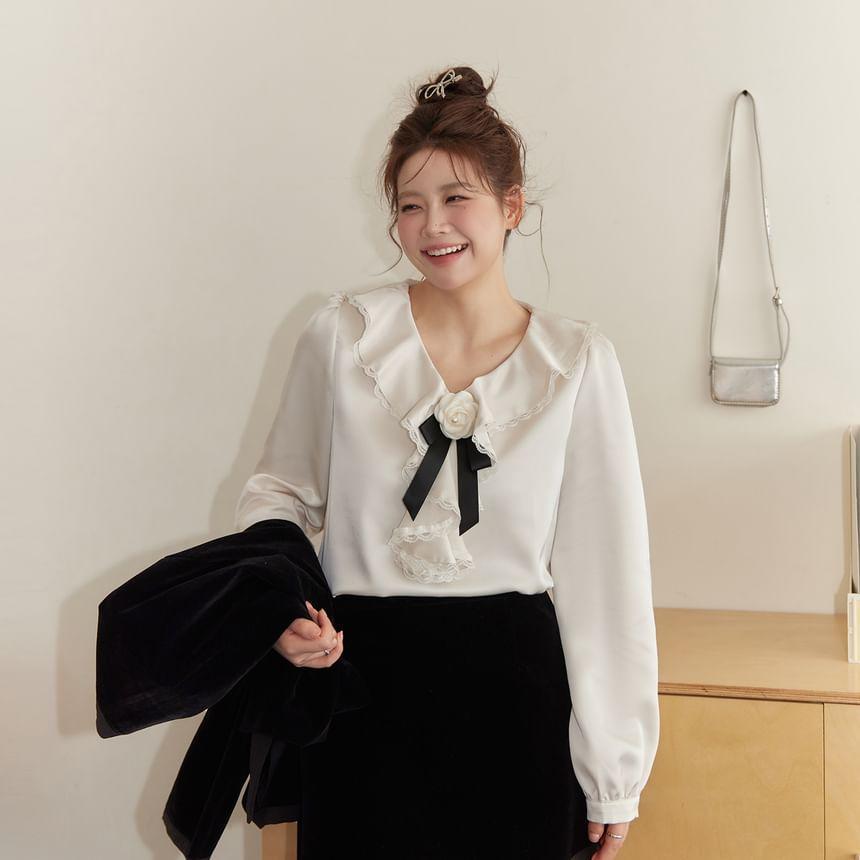 Plus Size Long-Sleeve Frill Trim Plain Shirt Product Image