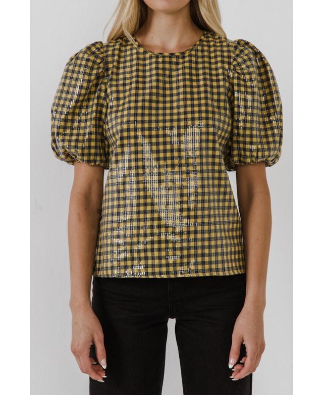 English Factory Womens Sequins Gingham Top - Yellow Product Image