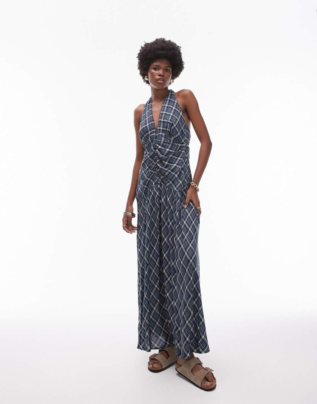 Topshop halterneck ruched front textured maxi dress in blue check Product Image