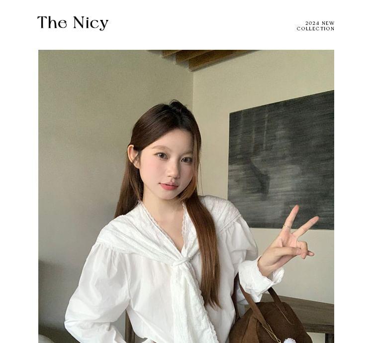 Long-Sleeve V-Neck Mock Two-Piece Plain Lace Trim Button-Up Blouse Product Image