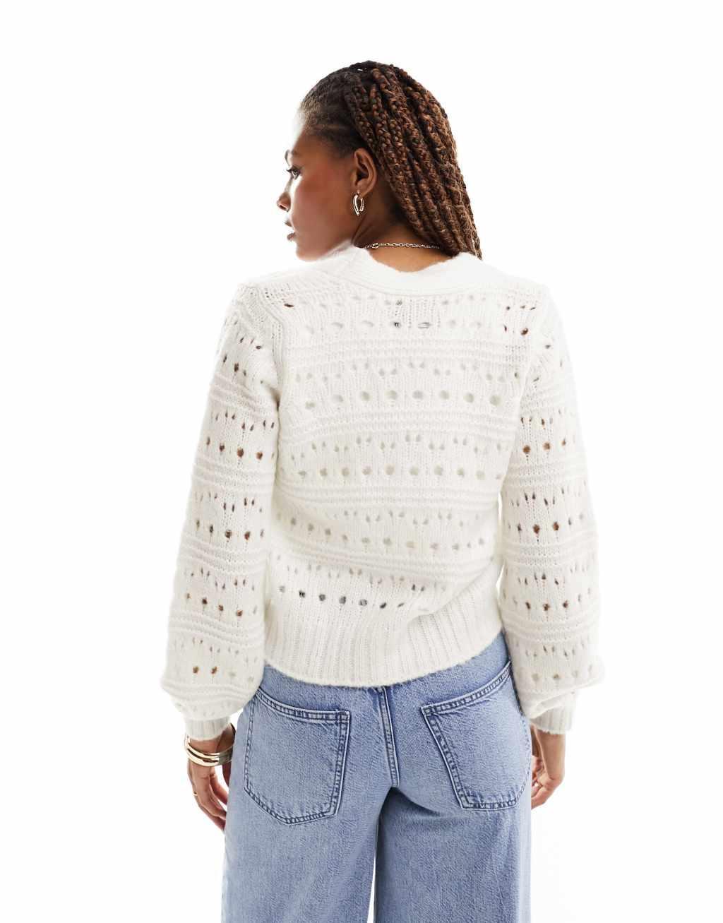 ASOS DESIGN knit cardigan in pointelle stitch in cream Product Image