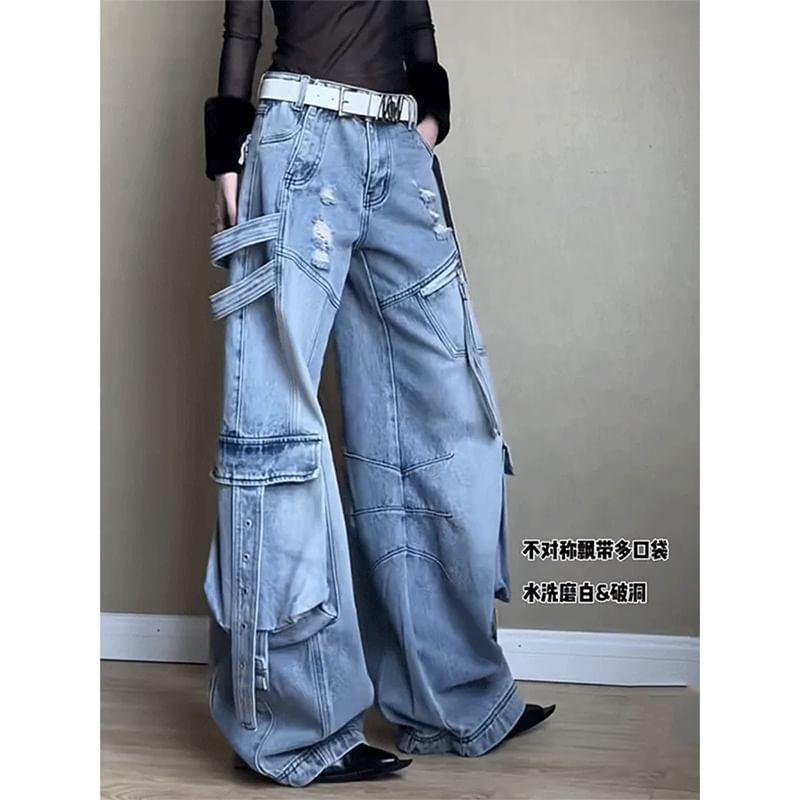 Mid Waist Distressed Washed Pocket Detail Wide Leg Jeans Product Image