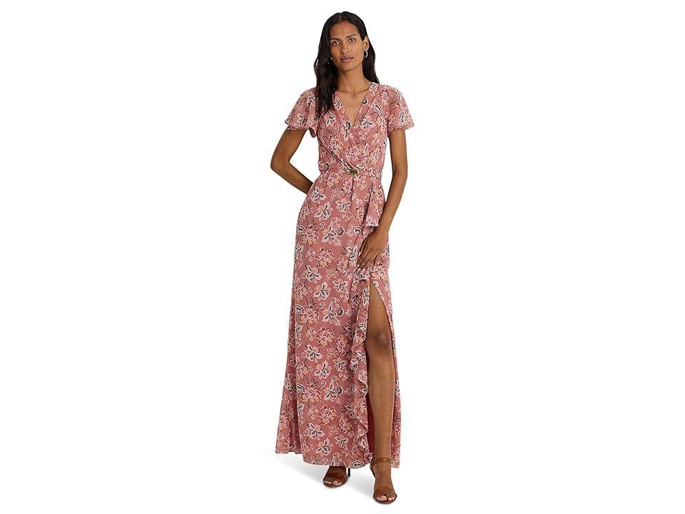 LAUREN Ralph Lauren Floral Belted Flutter-Sleeve Gown Multi) Women's Dress Product Image