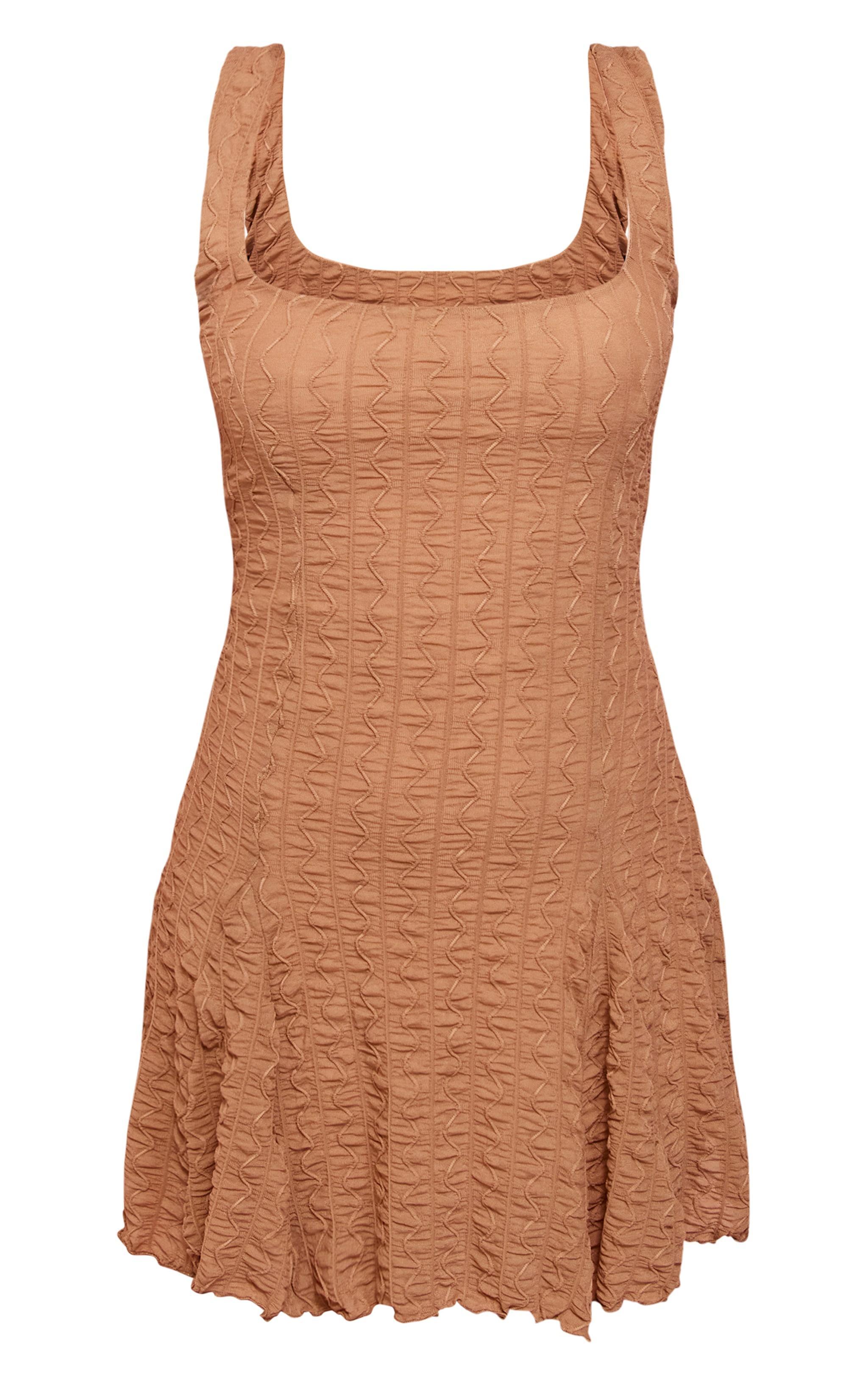 Chocolate Textured Pleated Strappy Shift Dress Product Image