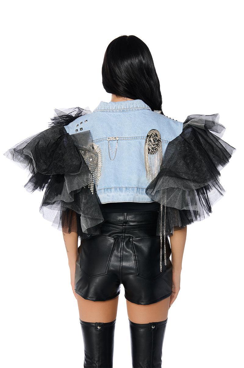 BEBE LUXE EMBELLISHED DENIM AND TULLE CROP VEST Product Image