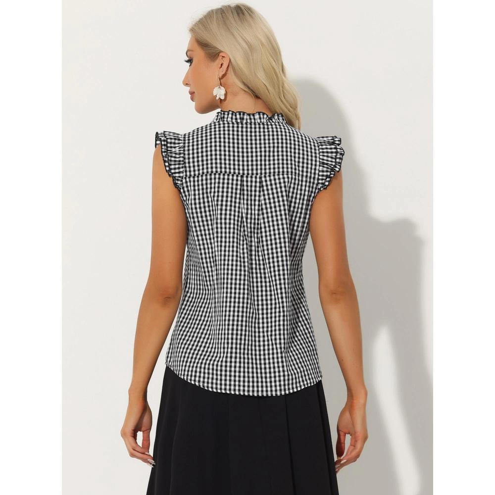 Allegra K Women's Button-Down Cap Sleeve Plaid Gingham Ruffle Shirt Product Image