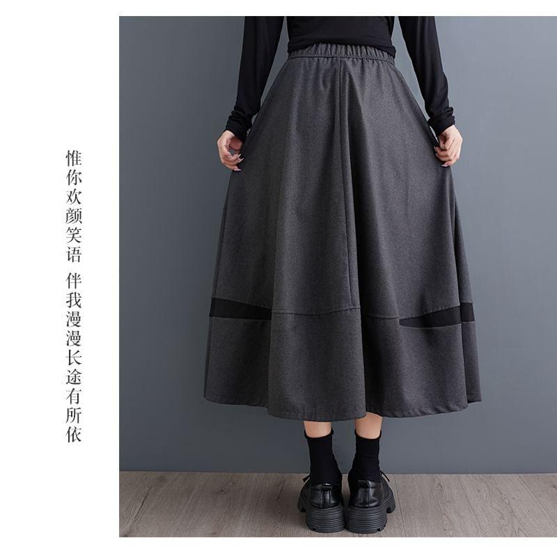 Drawstring Waist Two Tone Midi A-Line Skirt Product Image