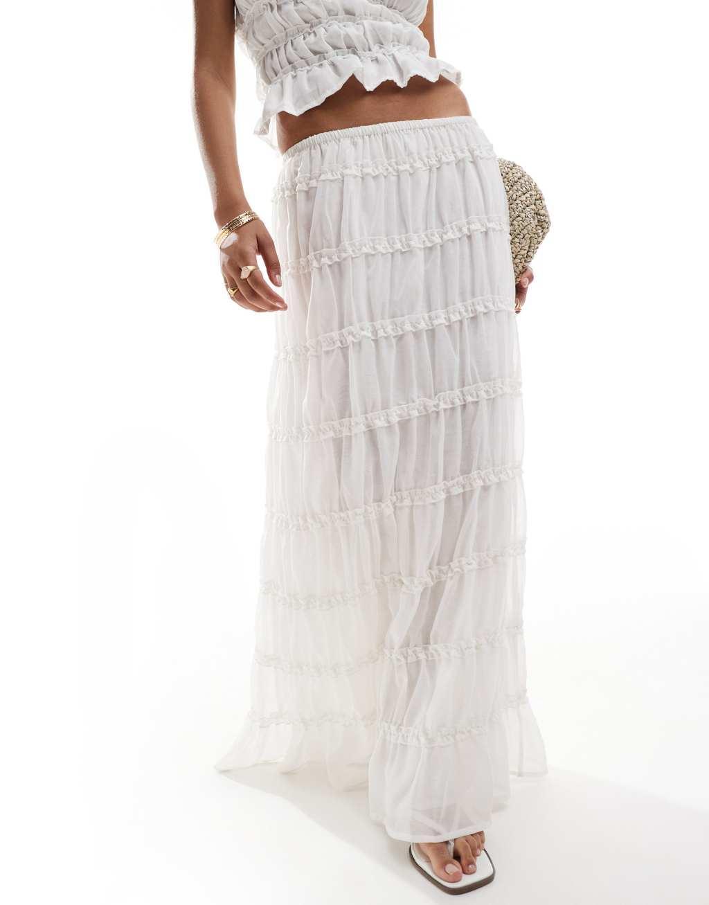 ASOS DESIGN sheer tiered detail maxi skirt in white - part of a set Product Image