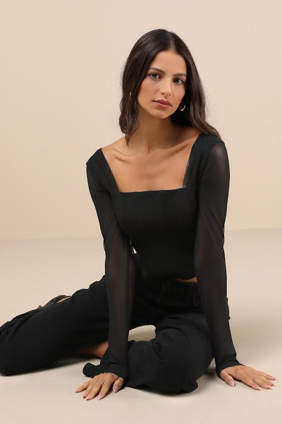 Captivating Sense Black Mesh Long Sleeve Bustier Crop Top Product Image