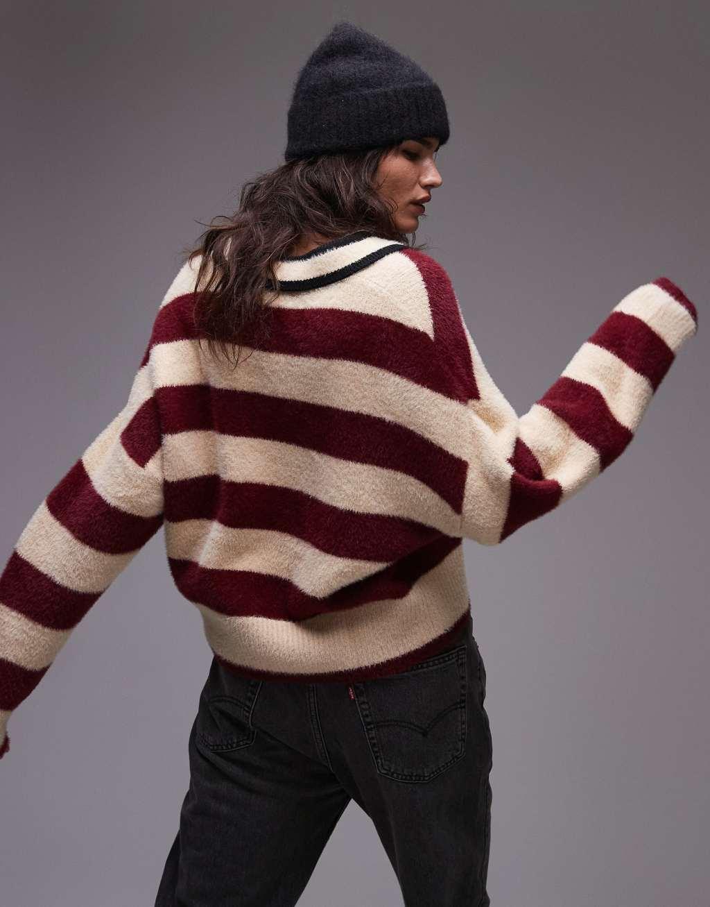 Topshop knitted fluffy stripe relaxed polo in burgundy and ecru Product Image