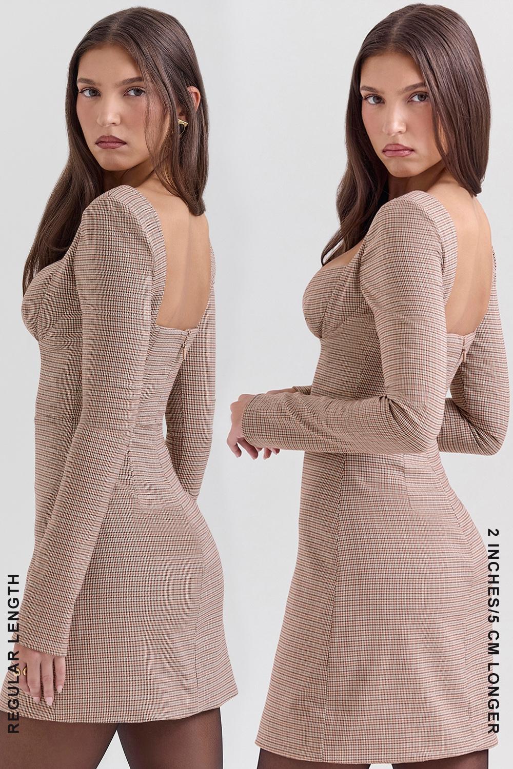 Angelie Brown Puppytooth Check Plunge Mini Dress Product Image