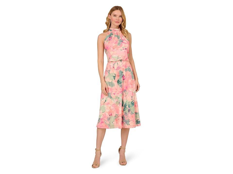 Adrianna Papell Floral Mock Neck Chiffon Cocktail Midi Dress Product Image