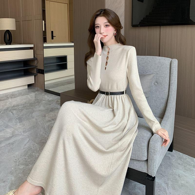 Long-Sleeve Mock Neck Cutout Plain Midi A-Line Dress Product Image