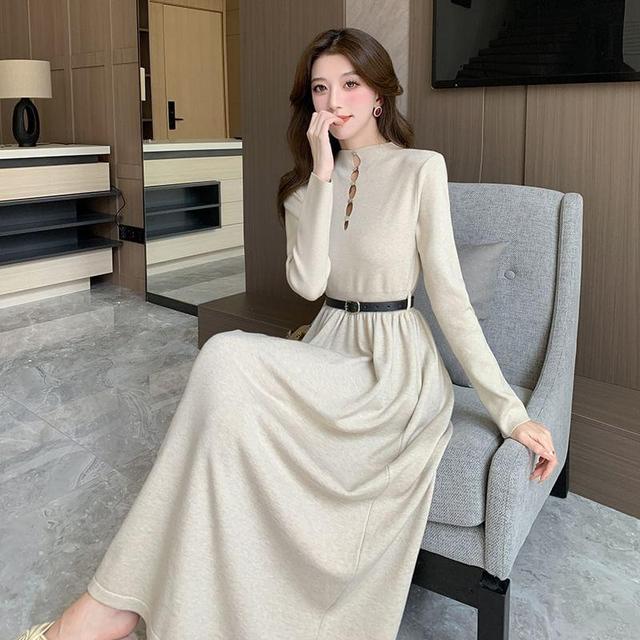 Long-Sleeve Mock Neck Cutout Plain Midi A-Line Dress Product Image