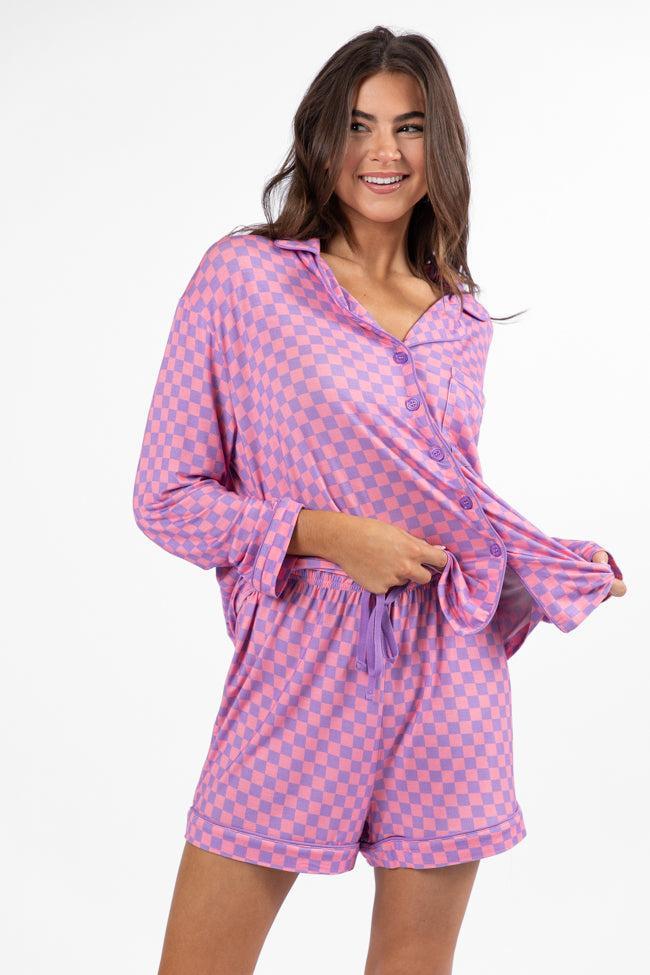 Good To Get Away Light Pink and Lilac Checkered Pajama Shorts Product Image