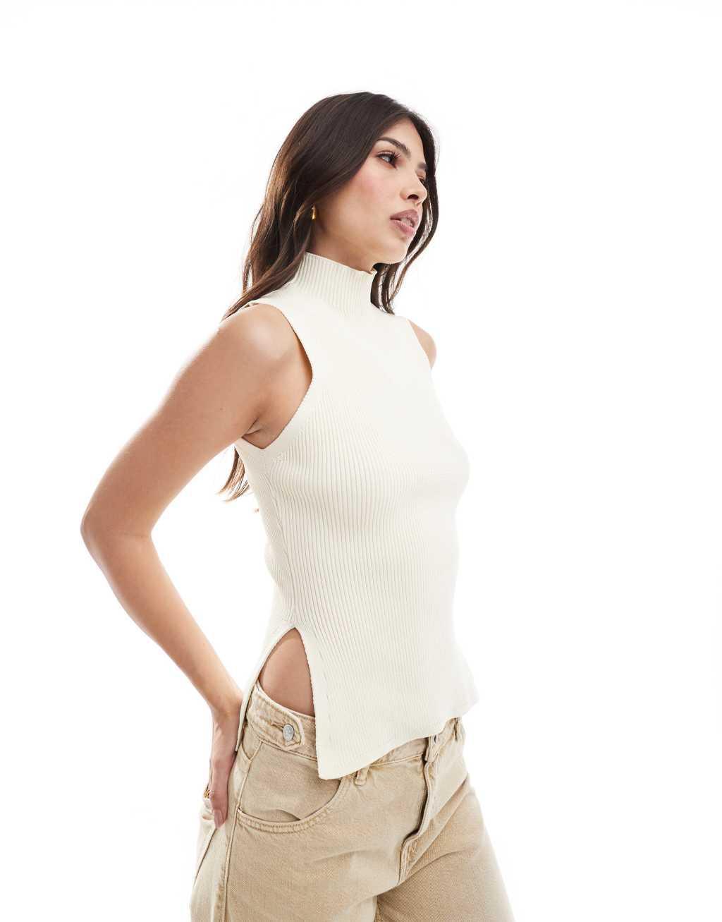 ASOS DESIGN structured knit funnel neck top in cream Product Image