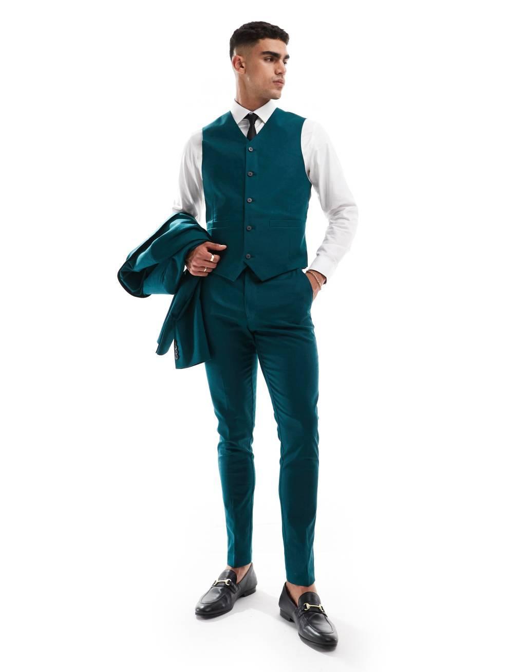 ASOS DESIGN slim linen mix suit vest in teal green Product Image