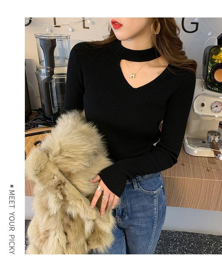 Long-Sleeve Halter Plain Cutout Ribbed Knit Top Product Image