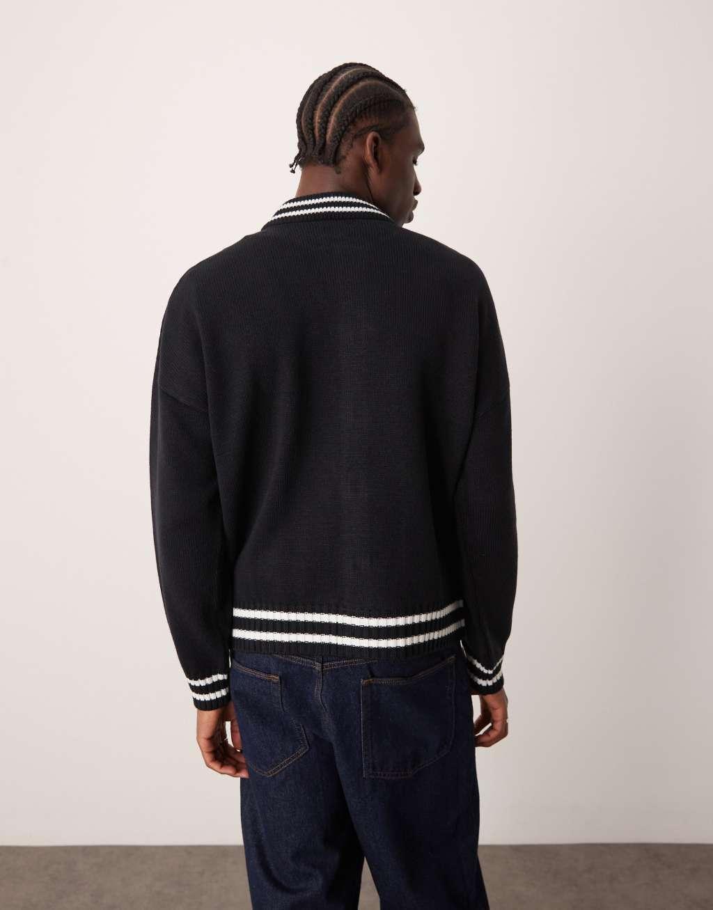 ASOS DESIGN oversized boxy fit knitted bomber cardigan in navy with white tipping Product Image