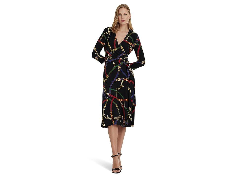 LAUREN Ralph Lauren Belting-Print Surplice Jersey Dress (Black/Blue ) Women's Dress Product Image