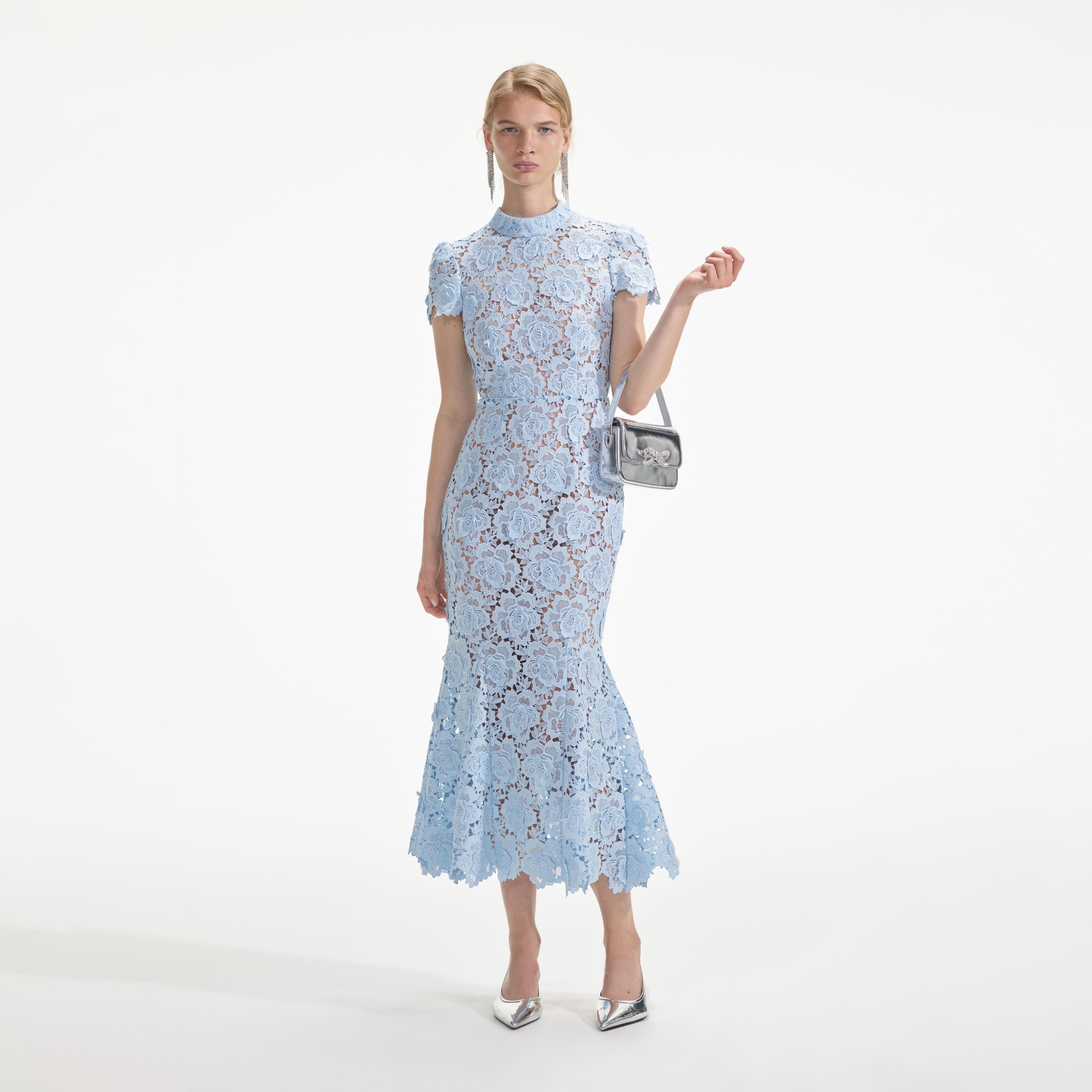 Blue Flower Lace Midi Dress Product Image