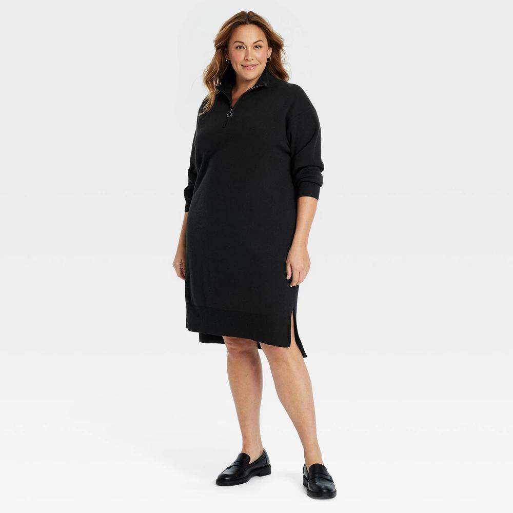 Womens Quarter Zip Long Sleeve Mini Sweater Dress - Ava & Viv Black XXL Product Image