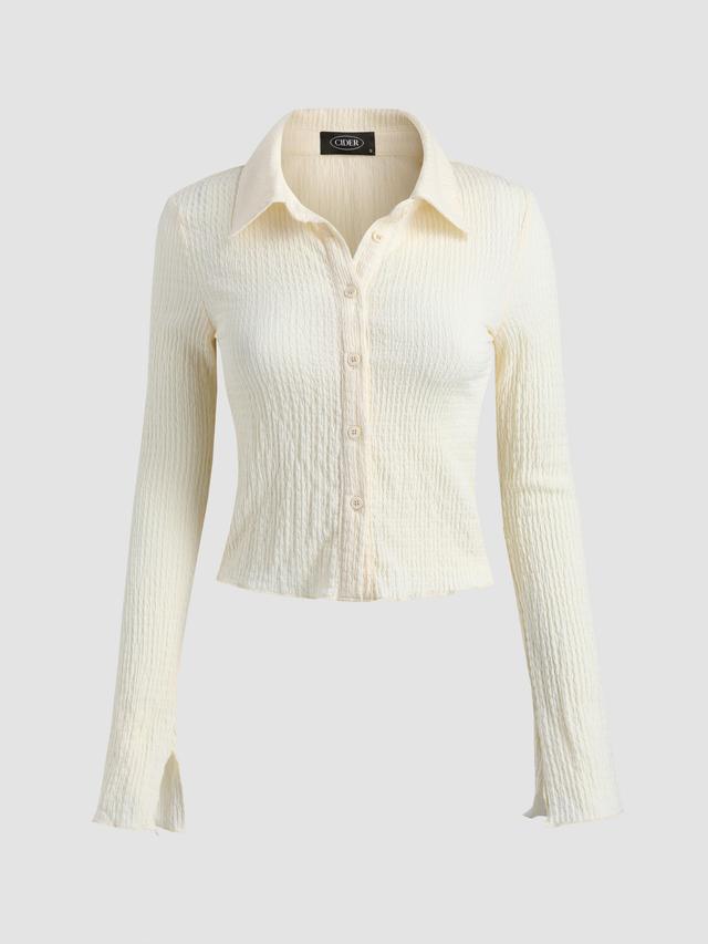 Texture Solid Bell Sleeve Crop Shirt Product Image