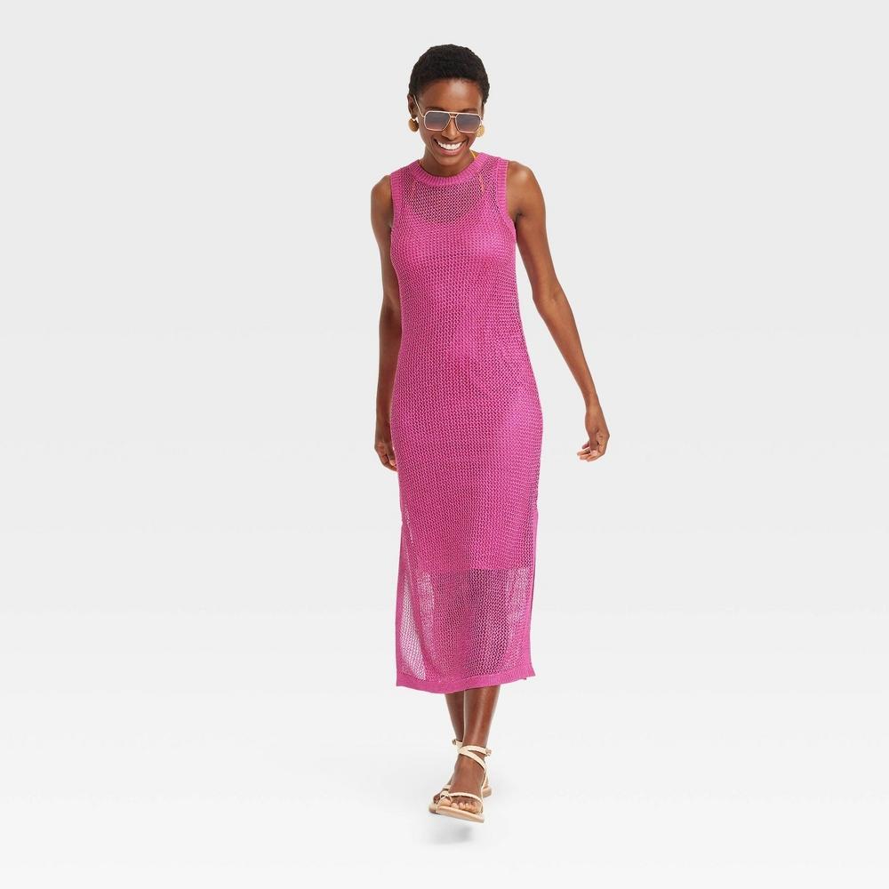 Womens Openwork Midi Tank Dress - A New Day Pink L Product Image