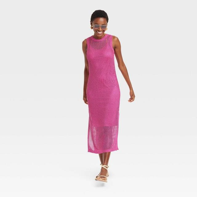 Womens Openwork Midi Tank Dress - A New Day Pink L Product Image