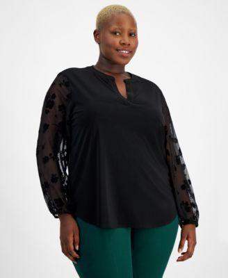 Plus Size Split-Neck Contrast-Long-Sleeve Blouse  Product Image