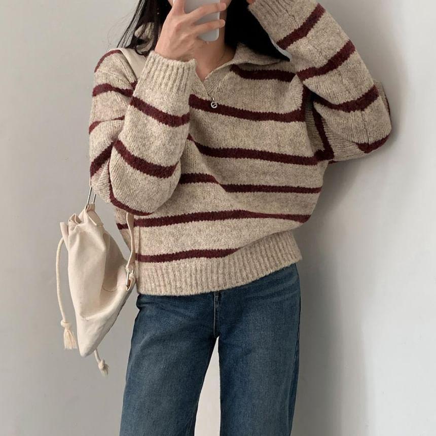 Long-Sleeve V-Neck Striped Collared Sweater Product Image