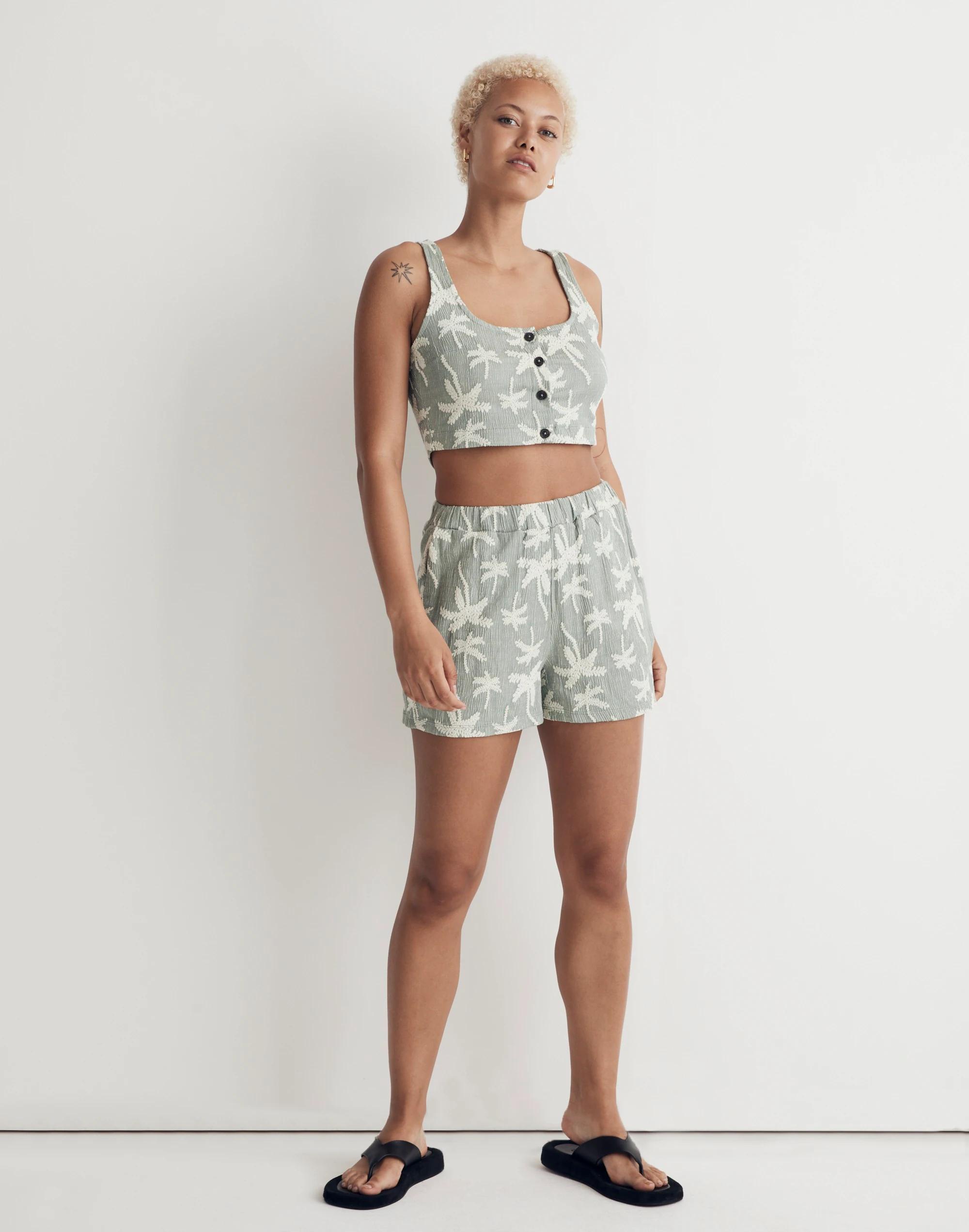 Jacquard Square-Neck Button-Front Crop Tank Product Image