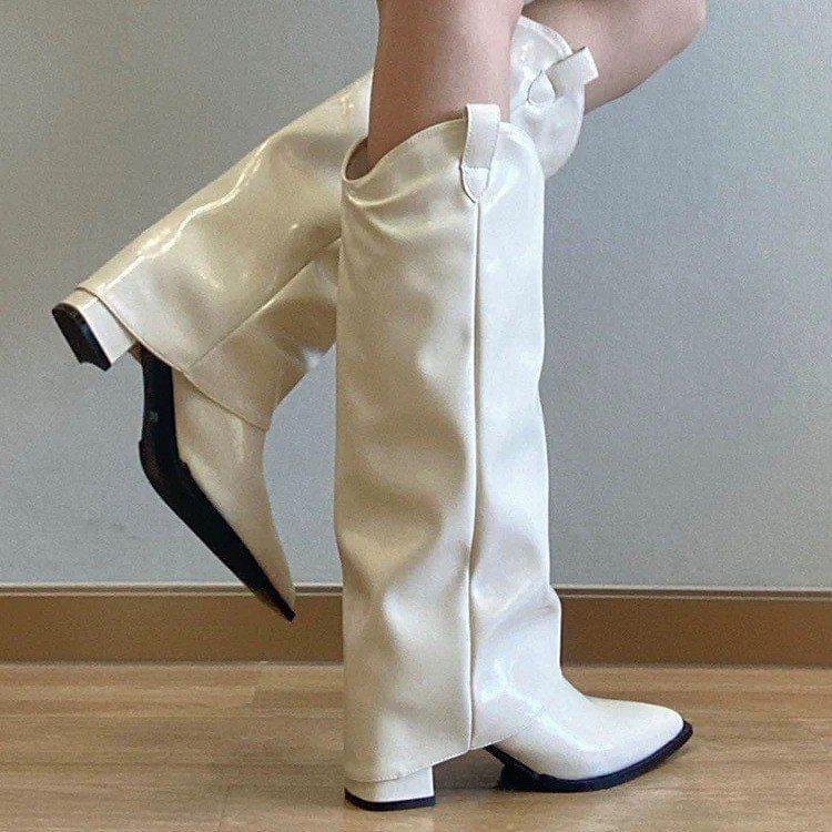 Pointed Toe Panel Block Heel Knee High Boots product image