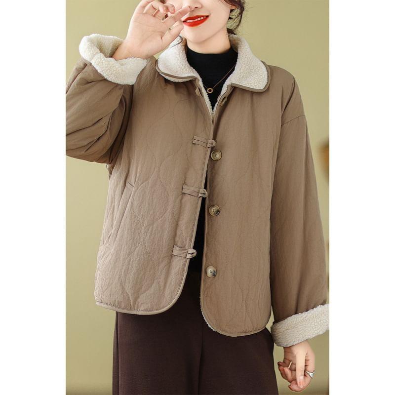 Collared Plain Fleece Lined Button Jacket Product Image