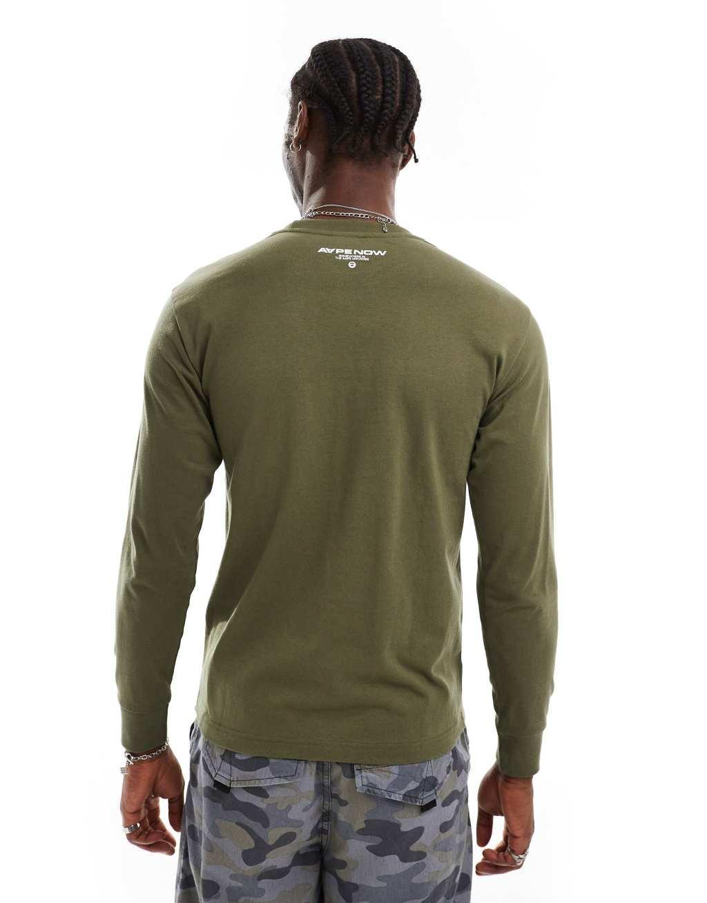 AAPE by A Bathing Ape long sleeve logo T-shirt in dark khaki Product Image