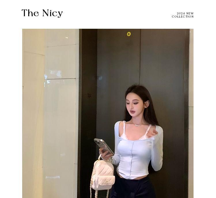 Long Sleeve Scoop Neck Mock Two Piece Crop Top Product Image